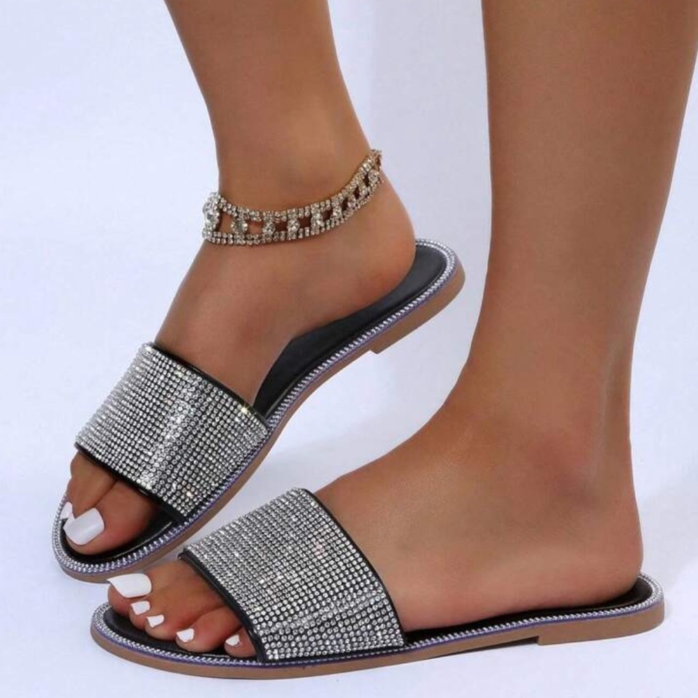 Rhinestone Slide Sandals - Silver